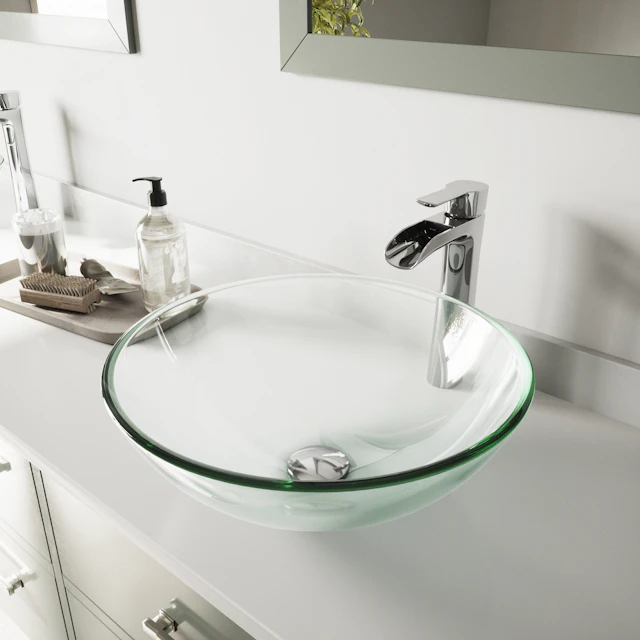 Glass Round Vessel Bathroom Sink in Iridescent with Niko Faucet and Pop-Up Drain - angle 3 - other