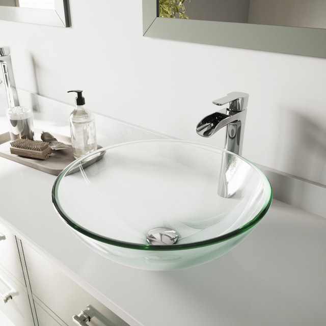 Glass Round Vessel Bathroom Sink in Iridescent with Niko Faucet and Pop-Up Drain - image 3 - other