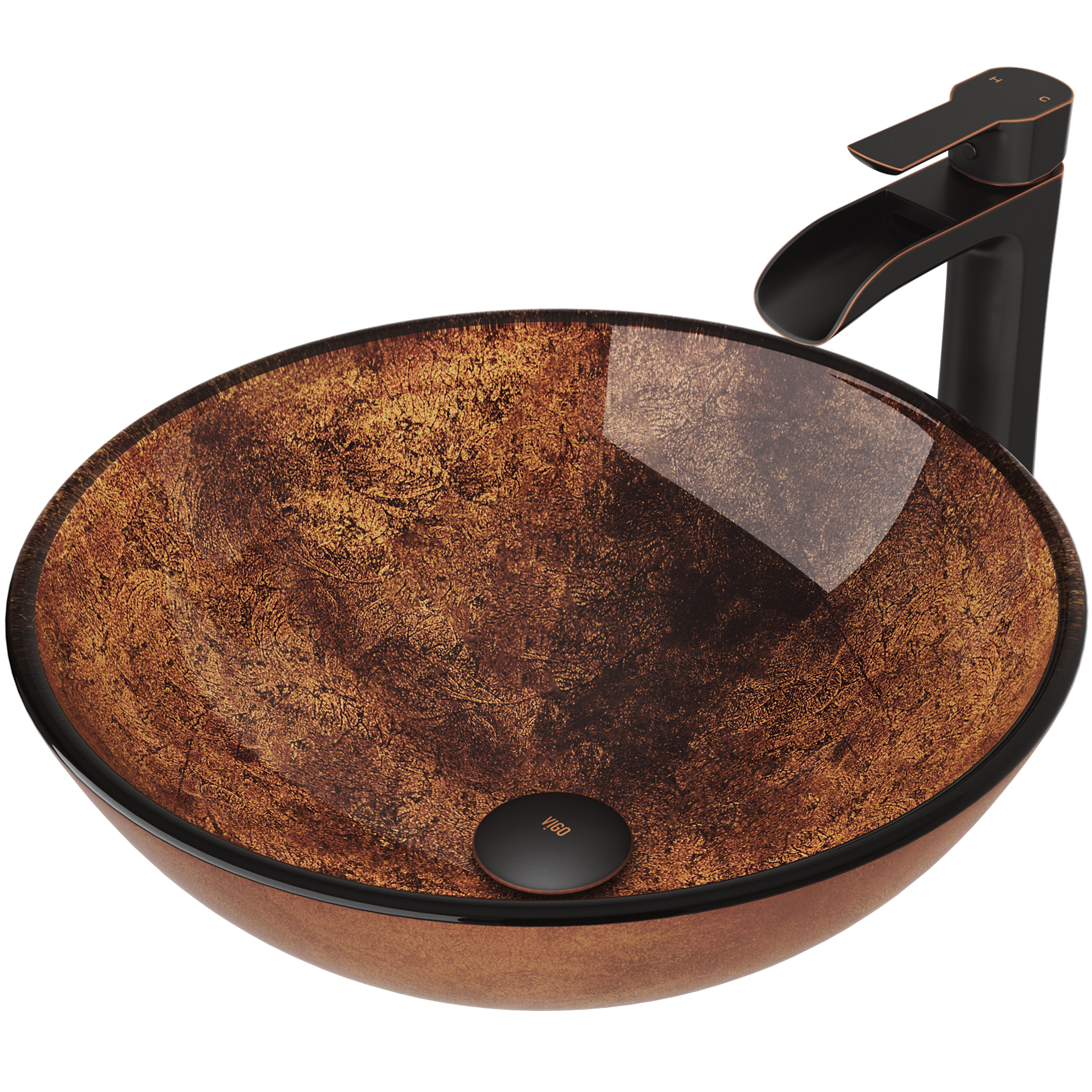 Glass Round Vessel Bathroom Sink in Russet Brown with Niko Faucet and Pop-Up Drain