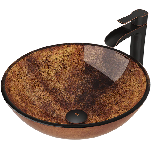Glass Round Vessel Bathroom Sink in Russet Brown with Niko Faucet and Pop-Up Drain - angle 1 - other