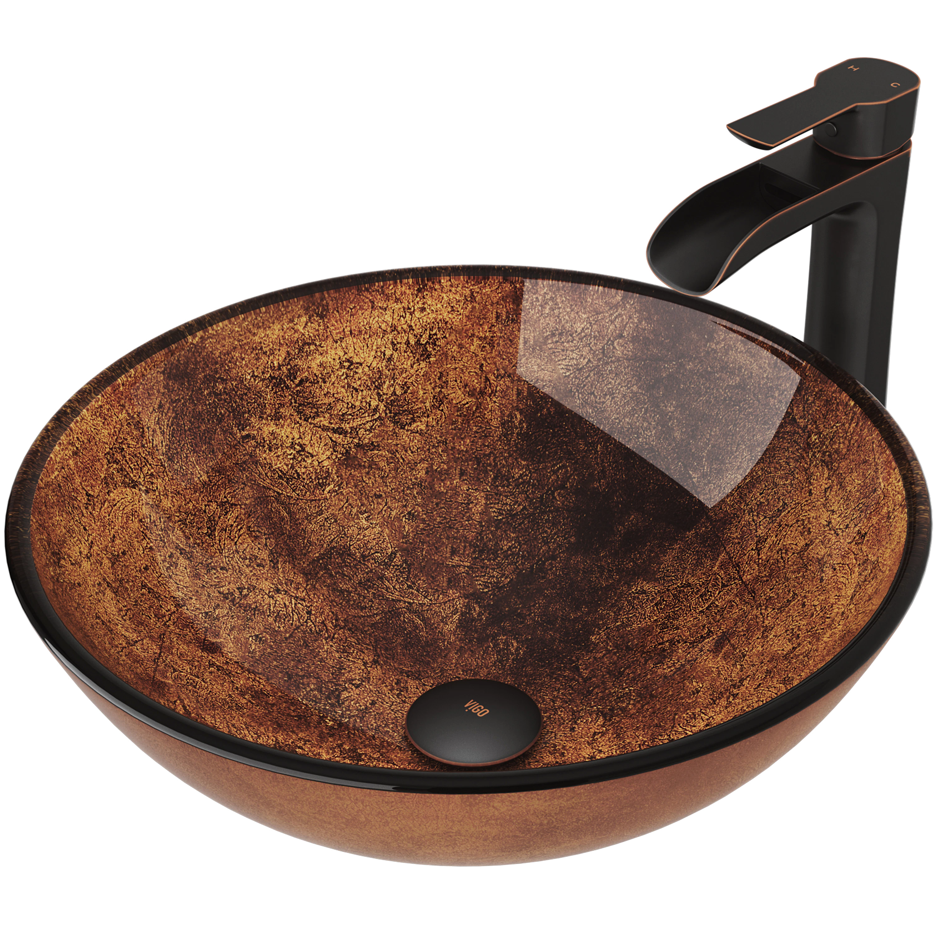 Glass Round Vessel Bathroom Sink in Russet Brown with Niko Faucet and Pop-Up Drain