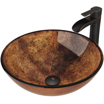 Glass Round Vessel Bathroom Sink in Russet Brown with Niko Faucet and Pop-Up Drain
