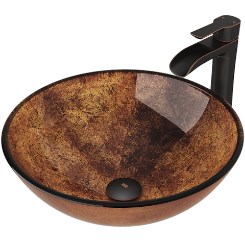 Glass Round Vessel Bathroom Sink in Russet Brown with Niko Faucet and Pop-Up Drain - image 1 - other
