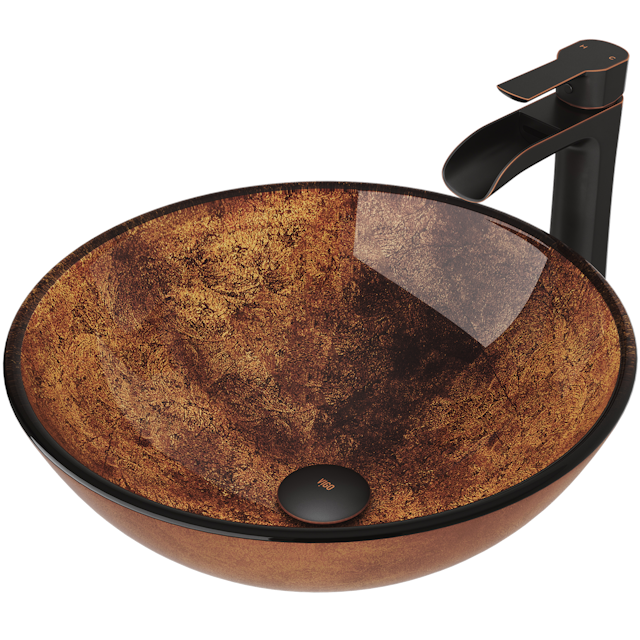 Glass Round Vessel Bathroom Sink in Russet Brown with Niko Faucet and Pop-Up Drain - image 1 - other