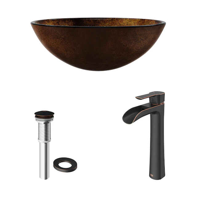 Glass Round Vessel Bathroom Sink in Russet Brown with Niko Faucet and Pop-Up Drain - angle 3 - other
