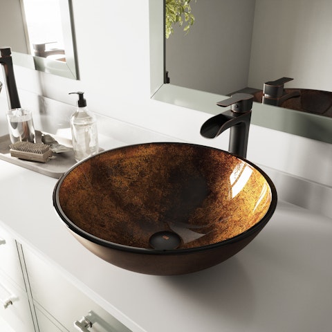 Glass Round Vessel Bathroom Sink in Russet Brown with Niko Faucet and Pop-Up Drain - image 4 - other