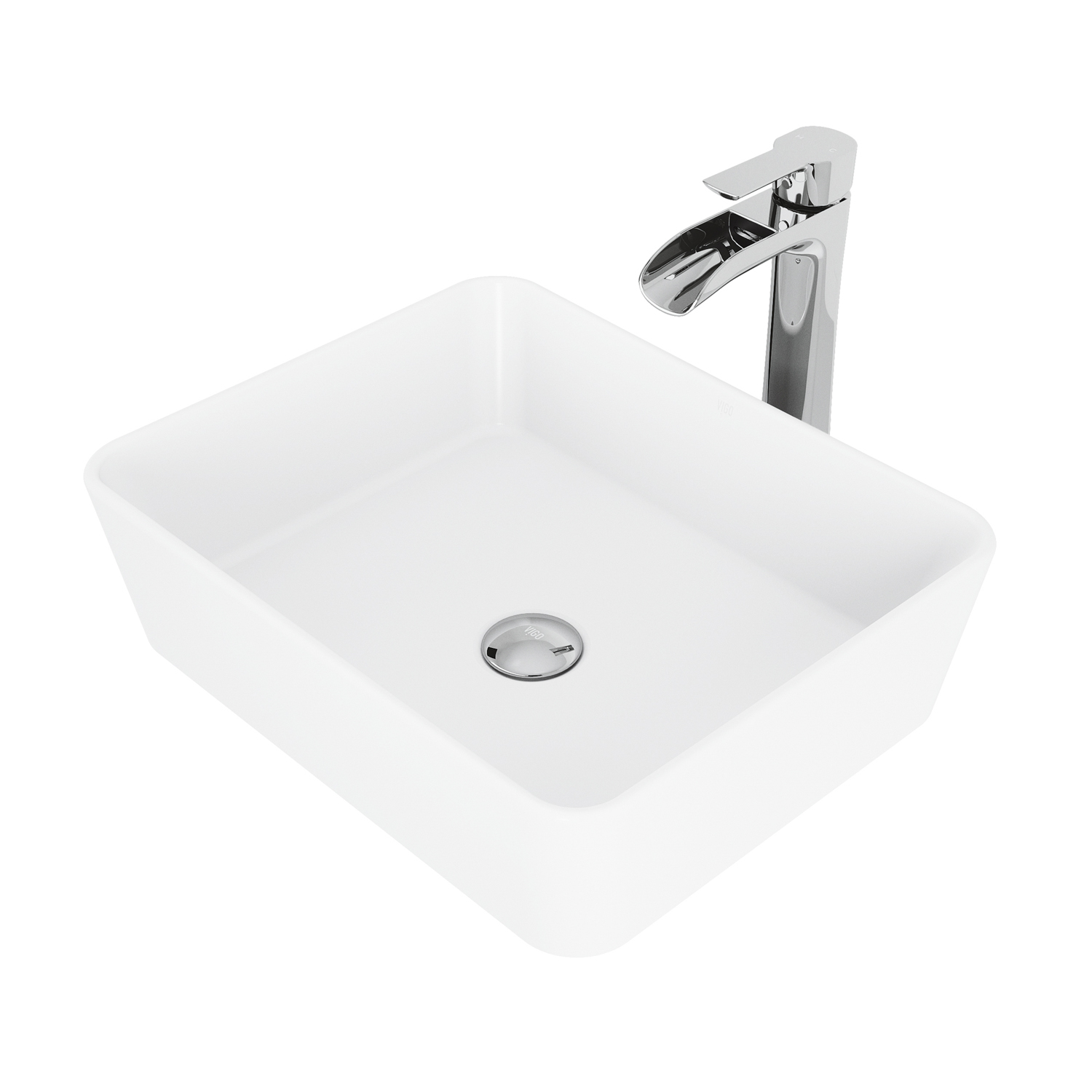 Matte Stone Marigold Composite Rectangular Vessel Bathroom Sink in White with Niko Faucet and Pop-Up Drain