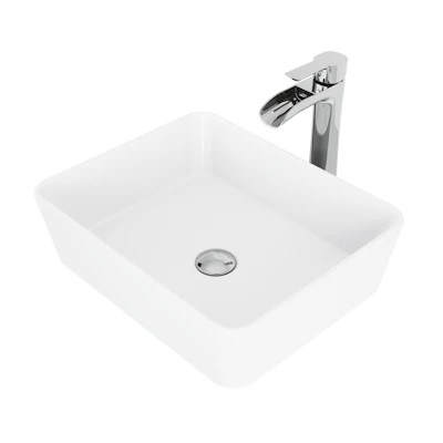 Matte Stone Marigold Composite Rectangular Vessel Bathroom Sink in White with Niko Faucet and Pop-Up Drain
