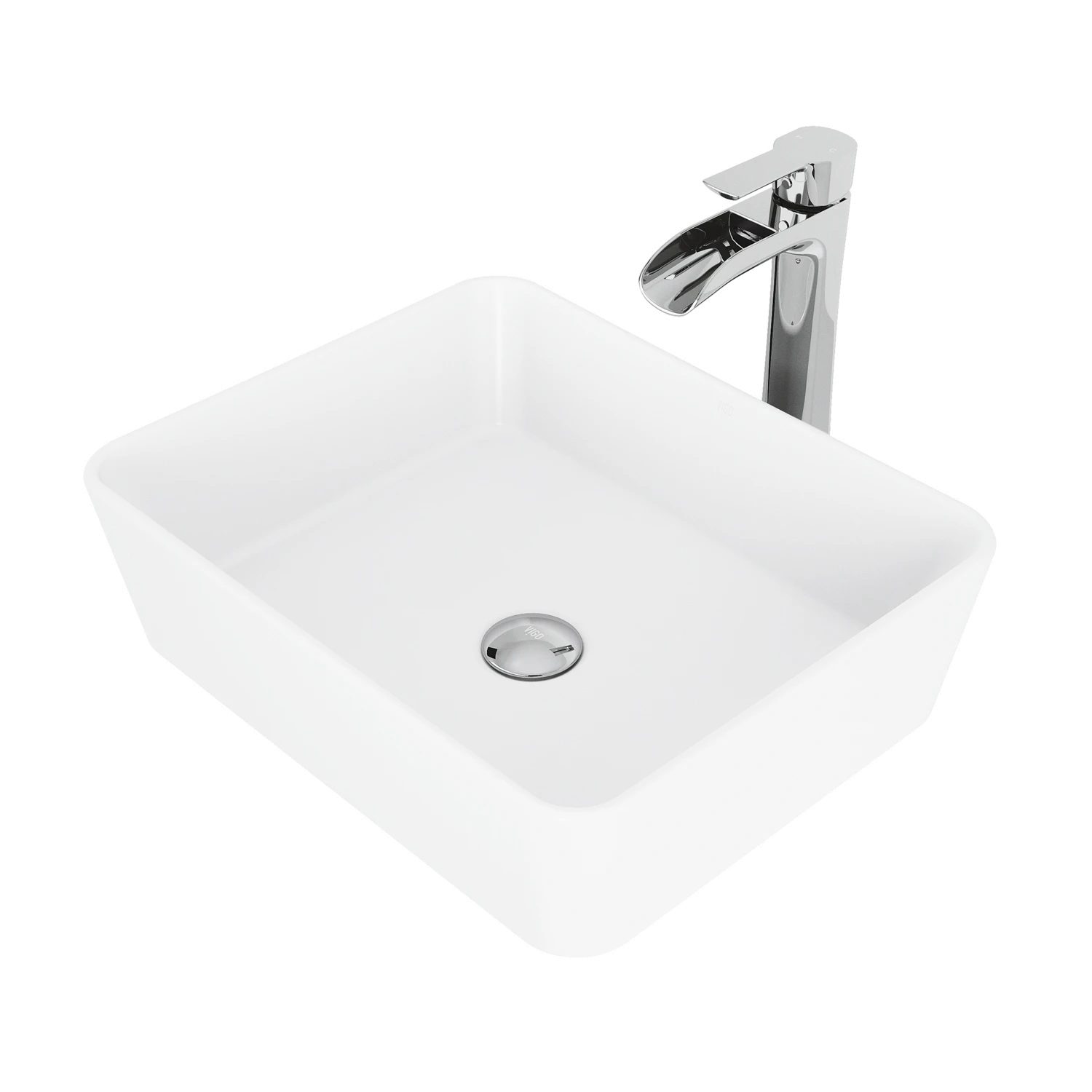 Matte Stone Marigold Composite Rectangular Vessel Bathroom Sink in White with Niko Faucet and Pop-Up Drain