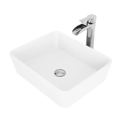 Matte Stone Marigold Composite Rectangular Vessel Bathroom Sink in White with Niko Faucet and Pop-Up Drain