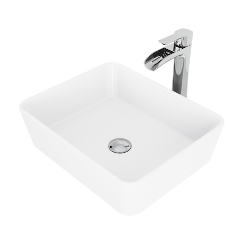 Matte Stone Marigold Composite Rectangular Vessel Bathroom Sink in White with Niko Faucet and Pop-Up Drain - image 1 - other
