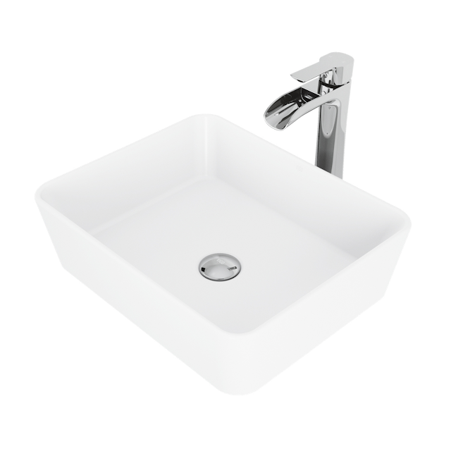 Matte Stone Marigold Composite Rectangular Vessel Bathroom Sink in White with Niko Faucet and Pop-Up Drain - image 1 - other