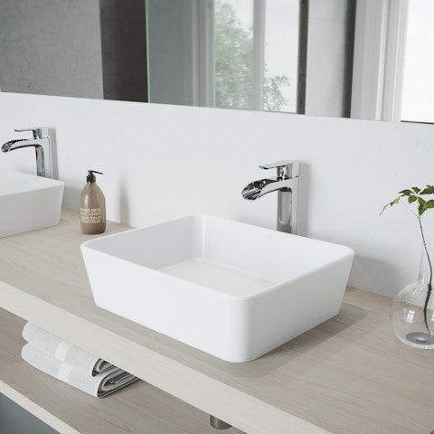 Matte Stone Marigold Composite Rectangular Vessel Bathroom Sink in White with Niko Faucet and Pop-Up Drain - image 4 - other