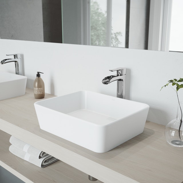 Matte Stone Marigold Composite Rectangular Vessel Bathroom Sink in White with Niko Faucet and Pop-Up Drain - image 4 - other
