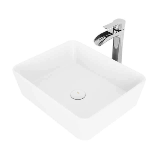 Matte Stone Marigold Composite Rectangular Vessel Bathroom Sink in White with Niko Faucet and Pop-Up Drain - angle 1 - other