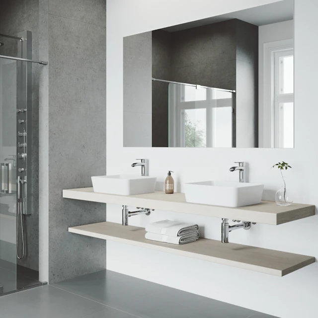 Matte Stone Marigold Composite Rectangular Vessel Bathroom Sink in White with Niko Faucet and Pop-Up Drain - angle 2 - other