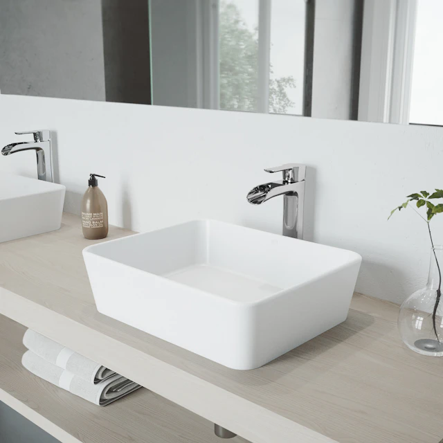 Matte Stone Marigold Composite Rectangular Vessel Bathroom Sink in White with Niko Faucet and Pop-Up Drain - angle 4 - other