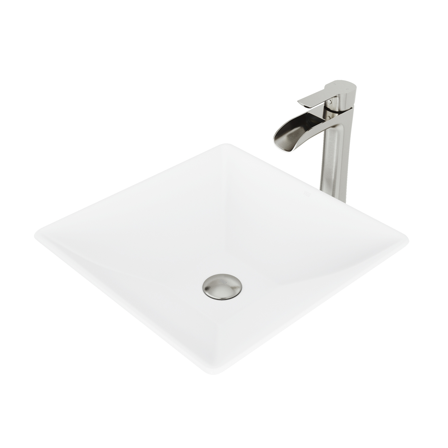 Matte Stone Hibiscus Composite Square Vessel Bathroom Sink in White with Niko Faucet and Pop-Up Drain