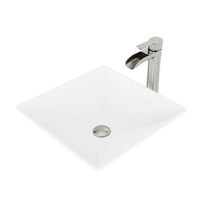 Matte Stone Hibiscus Composite Square Vessel Bathroom Sink in White with Niko Faucet and Pop-Up Drain