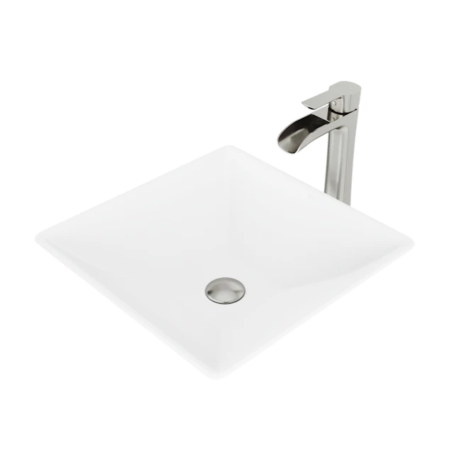 Matte Stone Hibiscus Composite Square Vessel Bathroom Sink in White with Niko Faucet and Pop-Up Drain - angle 1 - other