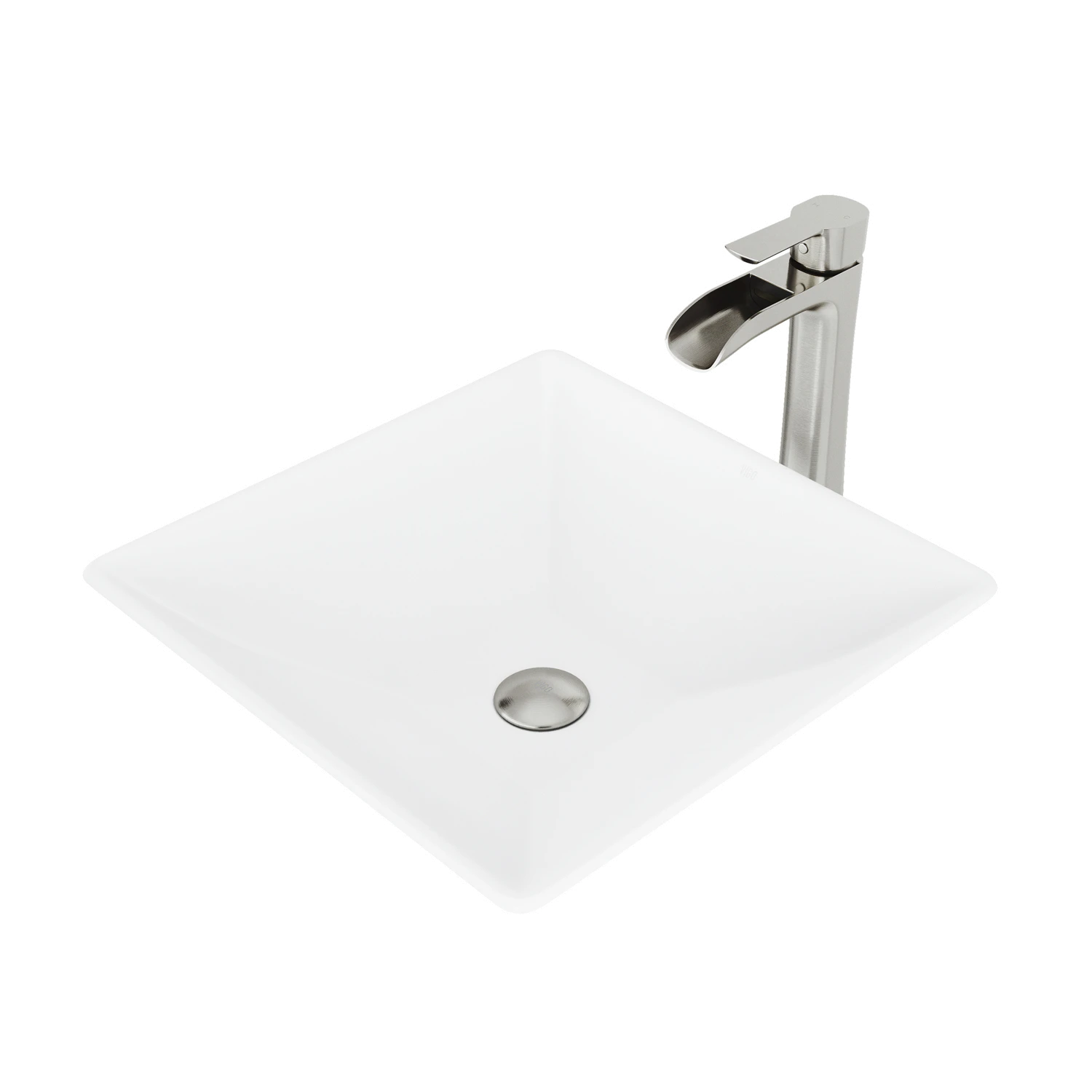 Matte Stone Hibiscus Composite Square Vessel Bathroom Sink in White with Niko Faucet and Pop-Up Drain