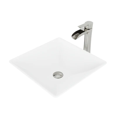 Matte Stone Hibiscus Composite Square Vessel Bathroom Sink in White with Niko Faucet and Pop-Up Drain