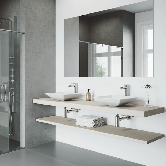 Matte Stone Hibiscus Composite Square Vessel Bathroom Sink in White with Niko Faucet and Pop-Up Drain - angle 2 - other