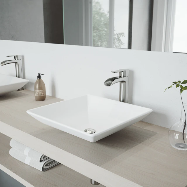Matte Stone Hibiscus Composite Square Vessel Bathroom Sink in White with Niko Faucet and Pop-Up Drain - angle 4 - other