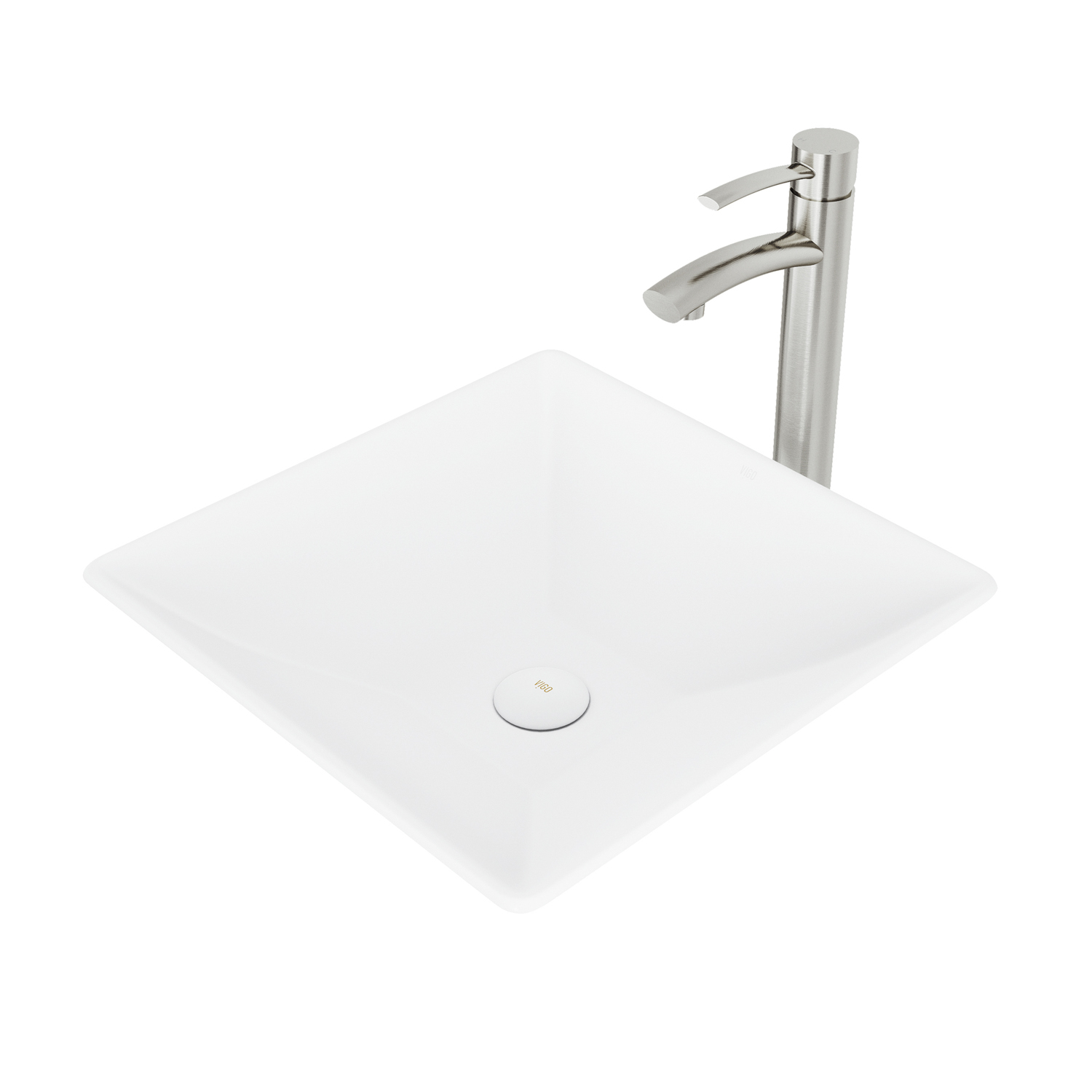 Matte Stone Hibiscus Composite Square Vessel Bathroom Sink in White with Milo Faucet and Pop-Up Drain