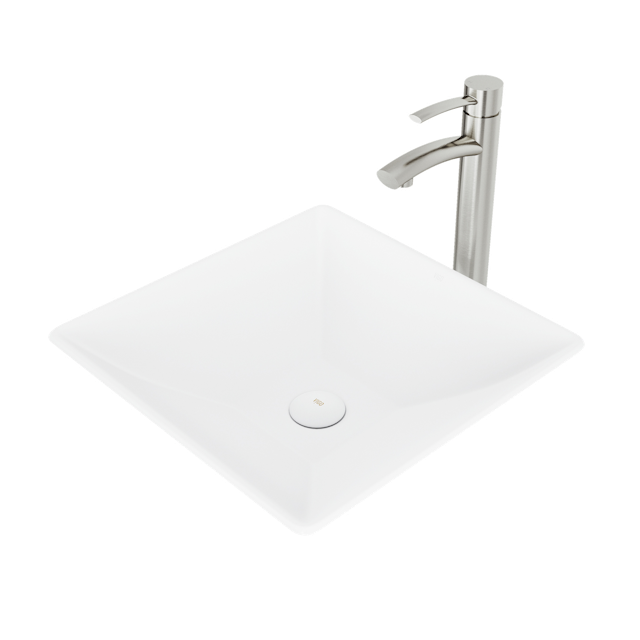 Matte Stone Hibiscus Composite Square Vessel Bathroom Sink in White with Milo Faucet and Pop-Up Drain - image 1 - other