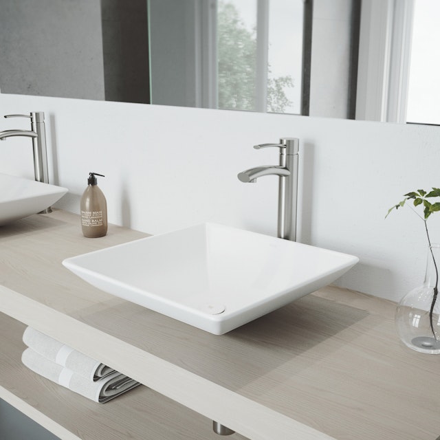 Matte Stone Hibiscus Composite Square Vessel Bathroom Sink in White with Milo Faucet and Pop-Up Drain - image 4 - other