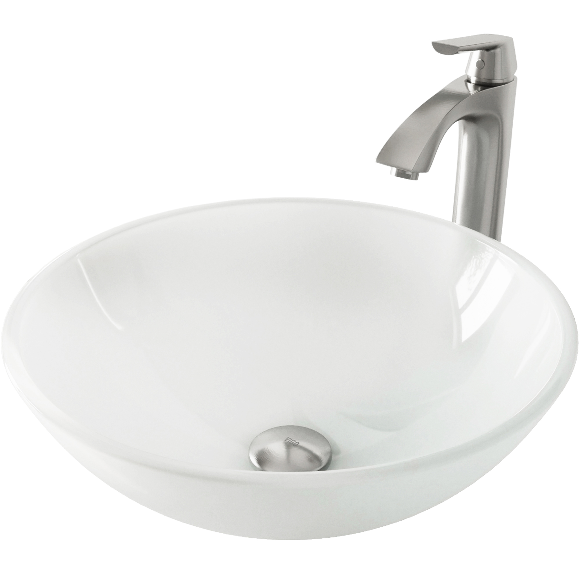 Glass Round Vessel Bathroom Sink in Frosted White with Linus Faucet and Pop-Up Drain