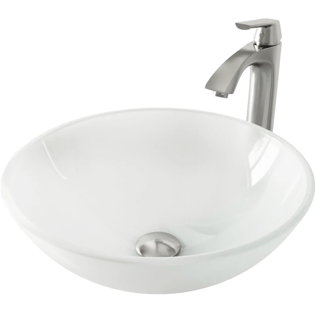 Glass Round Vessel Bathroom Sink in Frosted White with Linus Faucet and Pop-Up Drain - angle 1 - other