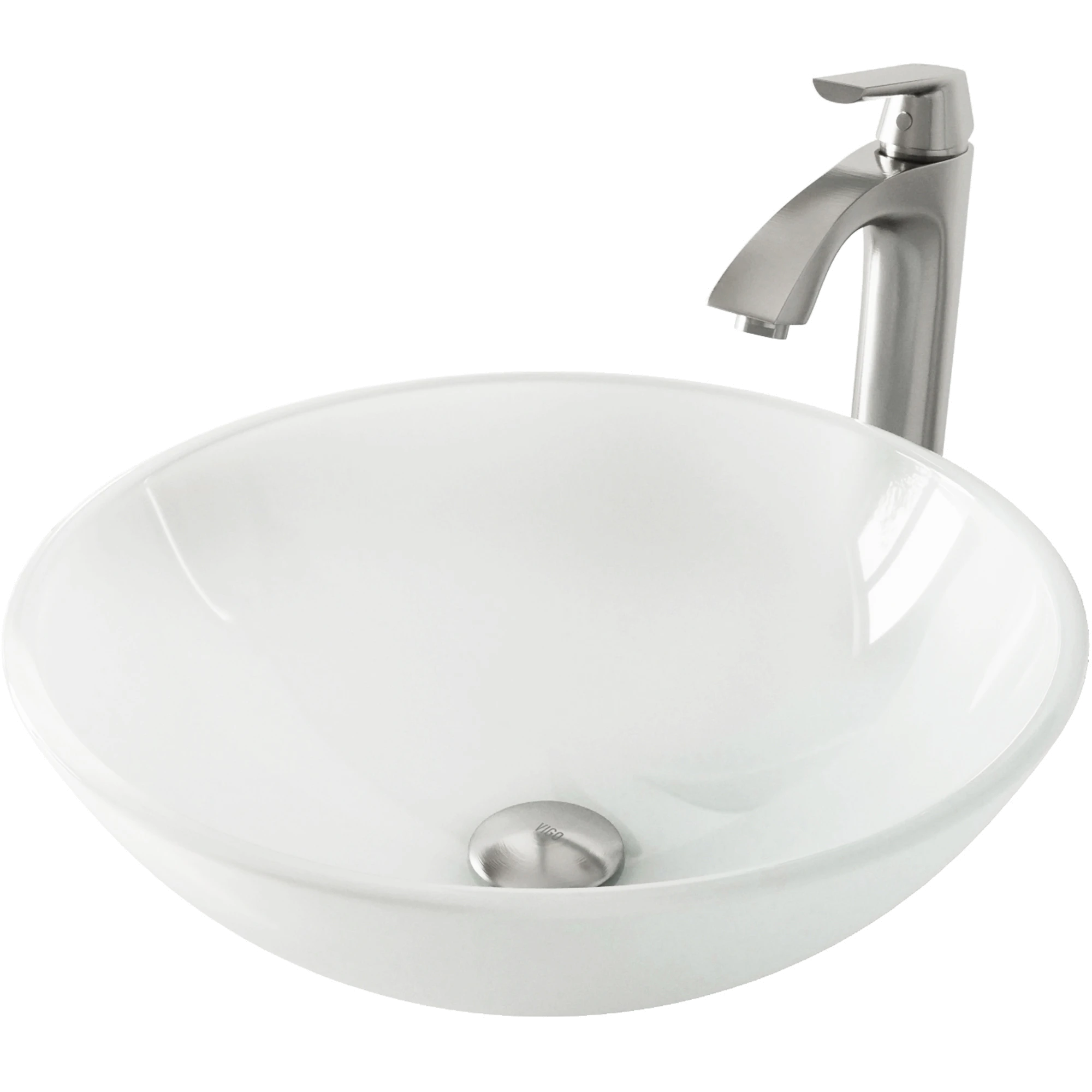 Glass Round Vessel Bathroom Sink in Frosted White with Linus Faucet and Pop-Up Drain