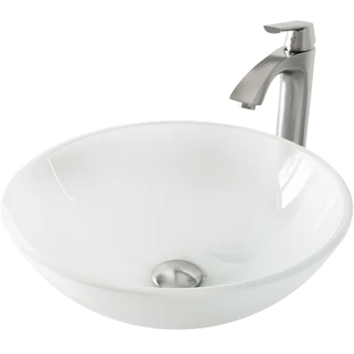 Glass Round Vessel Bathroom Sink in Frosted White with Linus Faucet and Pop-Up Drain