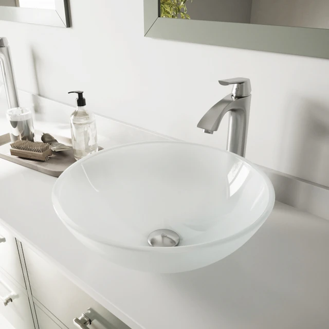 Glass Round Vessel Bathroom Sink in Frosted White with Linus Faucet and Pop-Up Drain - angle 3 - other