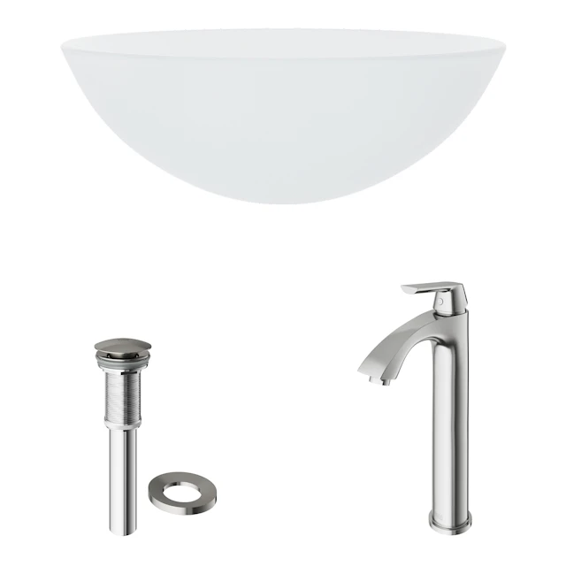 Glass Round Vessel Bathroom Sink in Frosted White with Linus Faucet and Pop-Up Drain - angle 4 - other