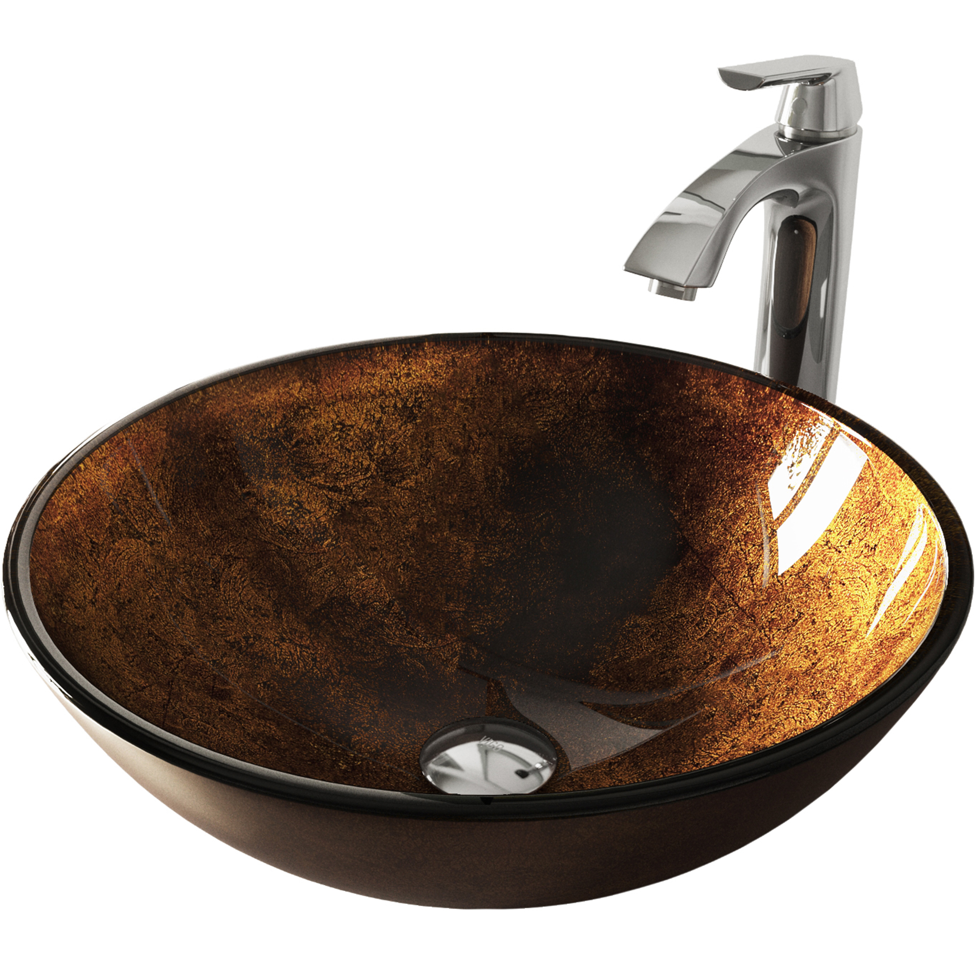 Glass Round Vessel Bathroom Sink in Russet Brown with Linus Faucet and Pop-Up Drain