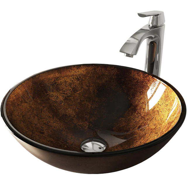 Glass Round Vessel Bathroom Sink in Russet Brown with Linus Faucet and Pop-Up Drain - angle 1 - other