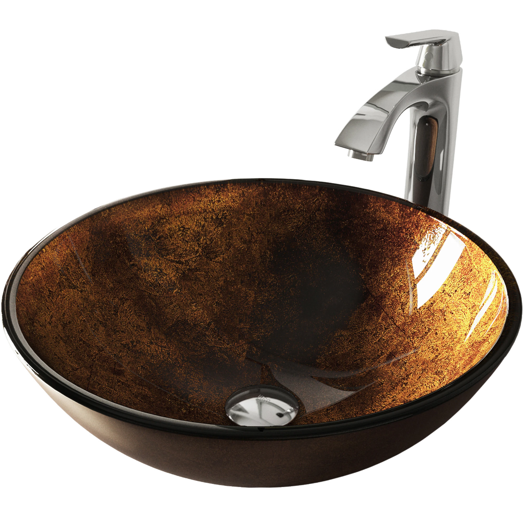 Glass Round Vessel Bathroom Sink in Russet Brown with Linus Faucet and Pop-Up Drain
