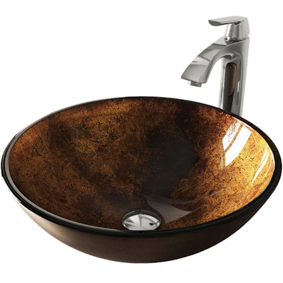 Glass Round Vessel Bathroom Sink in Russet Brown with Linus Faucet and Pop-Up Drain