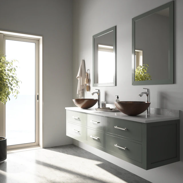 Glass Round Vessel Bathroom Sink in Russet Brown with Linus Faucet and Pop-Up Drain - angle 2 - other