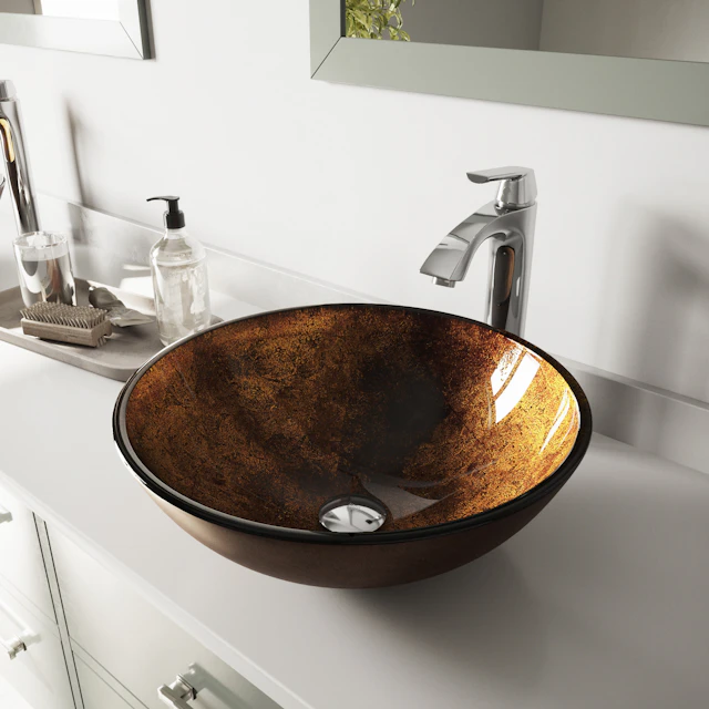 Glass Round Vessel Bathroom Sink in Russet Brown with Linus Faucet and Pop-Up Drain - angle 3 - other
