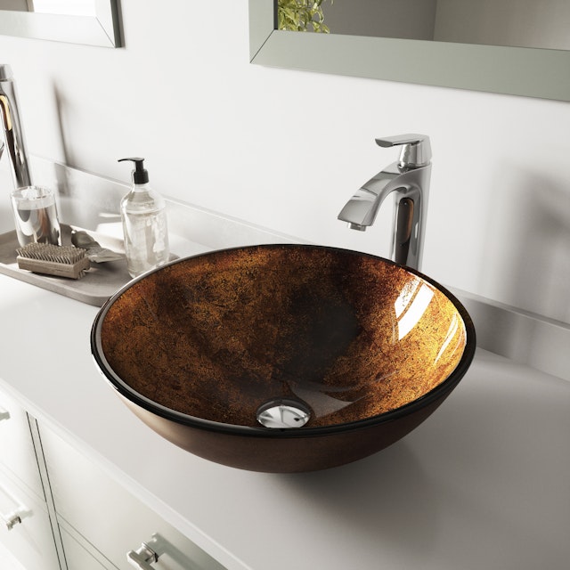 Glass Round Vessel Bathroom Sink in Russet Brown with Linus Faucet and Pop-Up Drain - image 3 - other