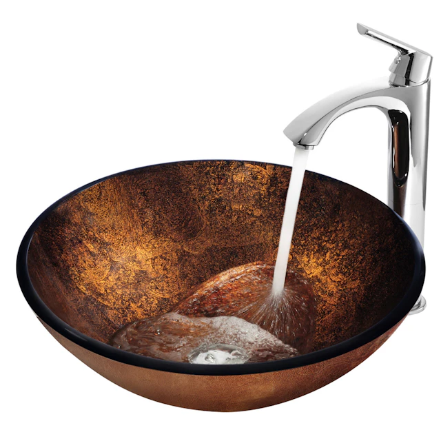 Glass Round Vessel Bathroom Sink in Russet Brown with Linus Faucet and Pop-Up Drain - angle 4 - other