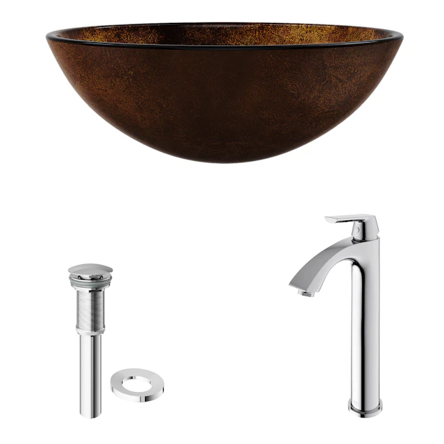 Glass Round Vessel Bathroom Sink in Russet Brown with Linus Faucet and Pop-Up Drain - angle 5 - other