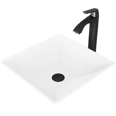 Matte Stone Hibiscus Composite Square Vessel Bathroom Sink in White with Linus Faucet and Pop-Up Drain