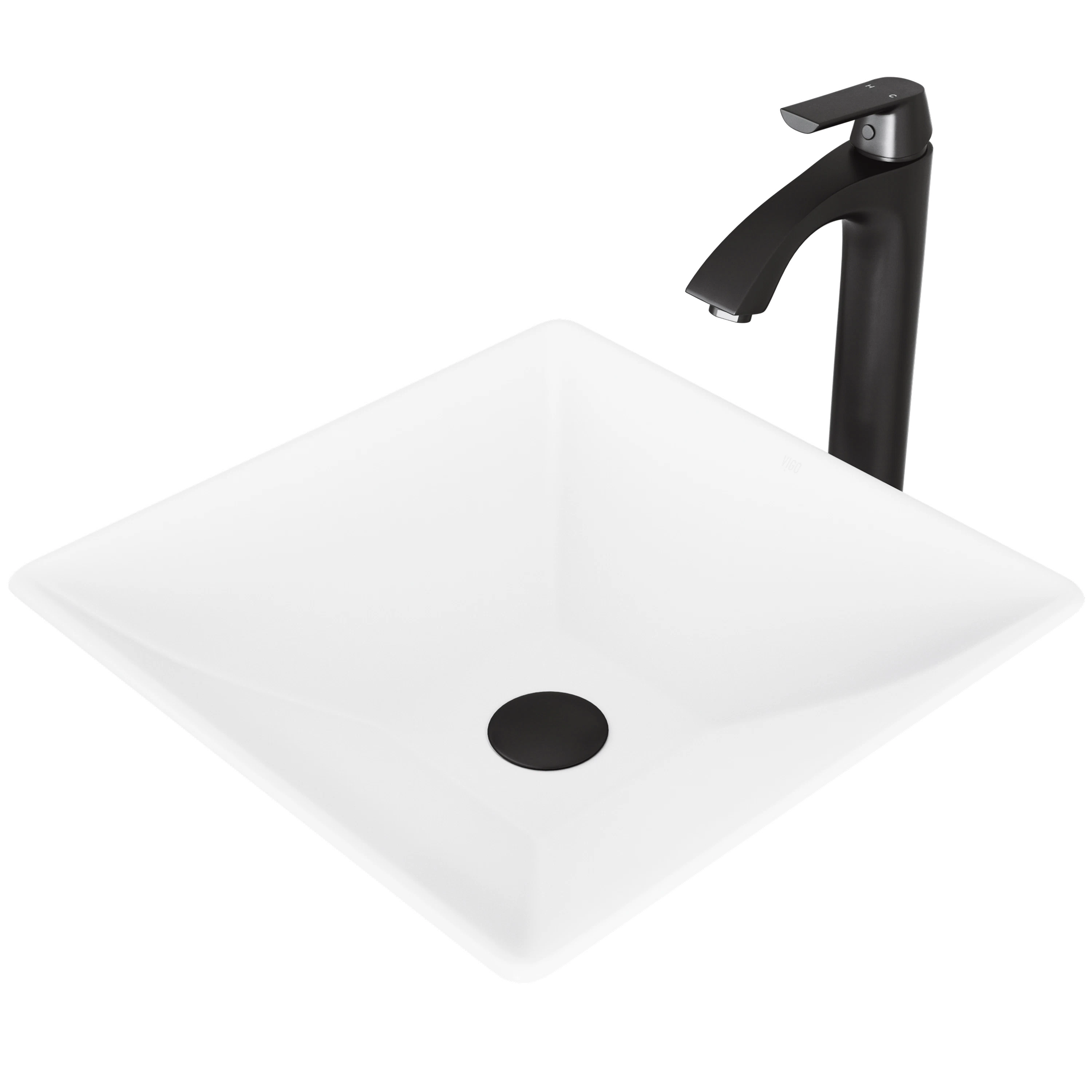 Matte Stone Hibiscus Composite Square Vessel Bathroom Sink in White with Linus Faucet and Pop-Up Drain