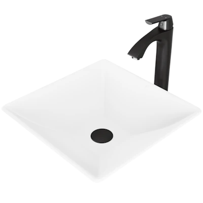 Matte Stone Hibiscus Composite Square Vessel Bathroom Sink in White with Linus Faucet and Pop-Up Drain