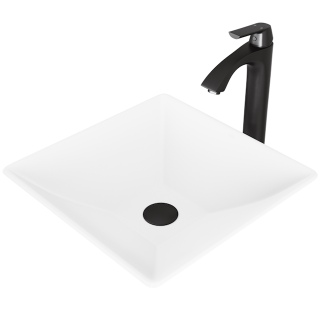 Matte Stone Hibiscus Composite Square Vessel Bathroom Sink in White with Linus Faucet and Pop-Up Drain - image 1 - other